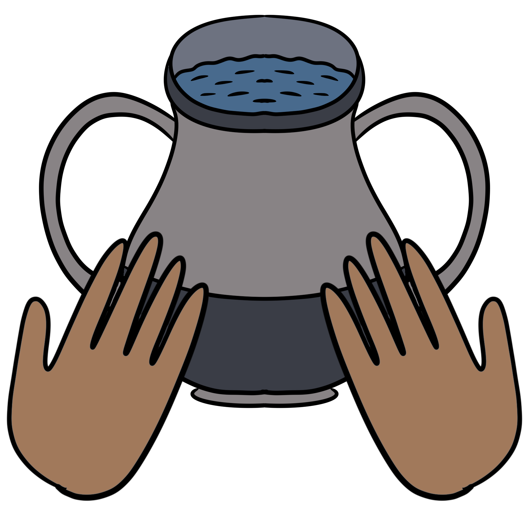 two brown hands facing palm up in front of a gray two handled vessel filled with blue water.